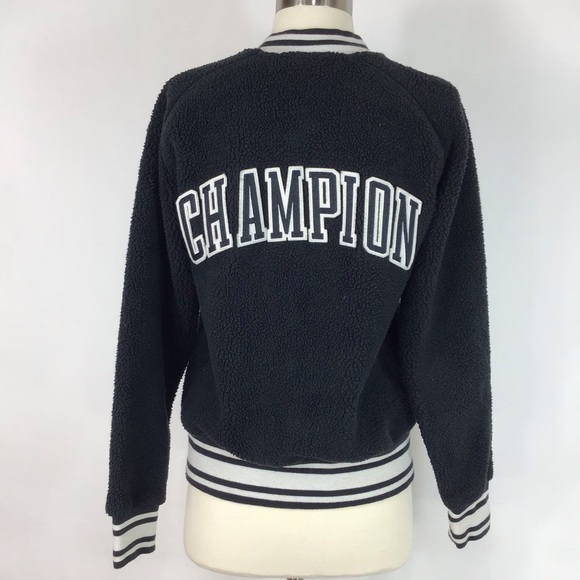 Champion Sherpa bomber jacket Womens S black spell out collegiate Preppy Cropped - Picture 1 of 15